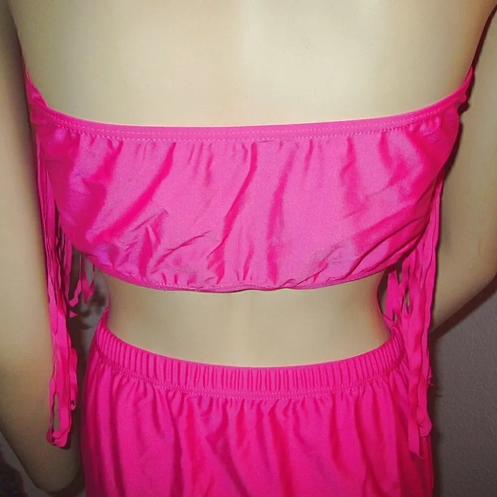 Hot Pink Bikini Size XXL High Waist 2 Piece Swimsuit Convertible Fringe Coquette